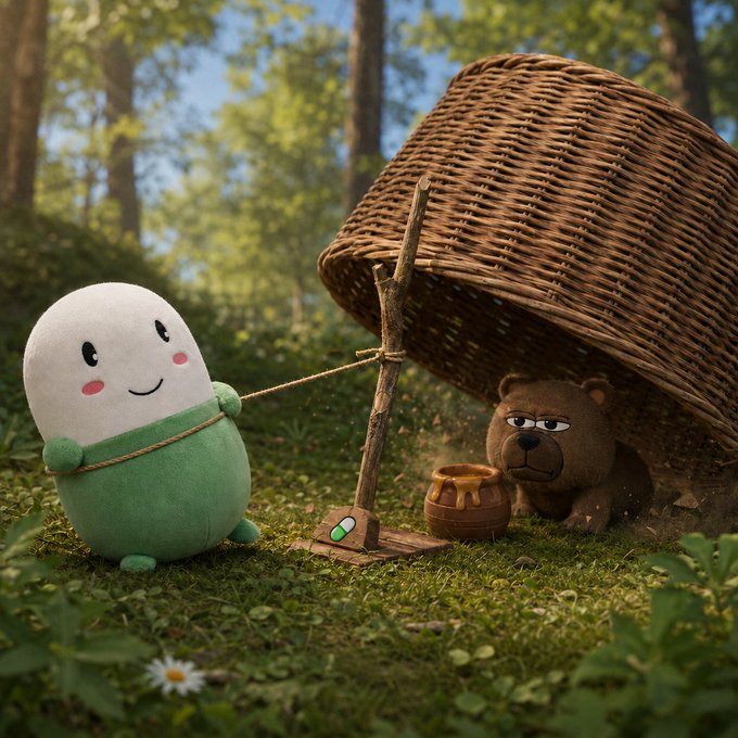 A round, smiling plush character in a green outfit pulls a string attached to a stick propping up a wicker basket, trapping a grumpy brown dog underneath next to a spilled honey pot in a sunlit forest setting—a classic cartoon trap gag that the post humorously notes the dog "falls for every time."