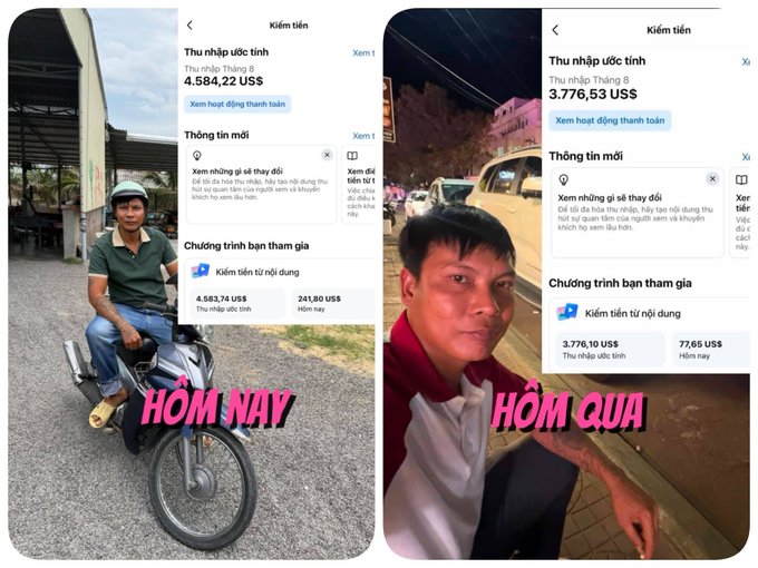 A before-and-after comparison shows a Vietnamese man with rising August earnings: 4,584.22 USD today versus 3,776.63 USD yesterday, labeled 'HÔM NAY' and 'HÔM QUA'.