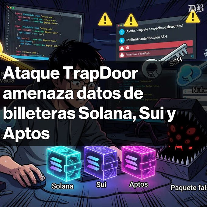 The image features a cartoon illustration of a person sitting at a desk with three boxes placed next to them. The person appears to be working on a computer or using a mouse, as there are also keyboards visible in the scene. The background shows a monitor displaying various warning messages and an alert box that reads "ALERT! PASTELEFTA FALLE". The image also includes text in Spanish about malware called " TrapDoor" and how to protect oneself from it.