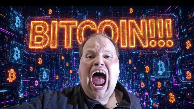 A man with an exaggerated open-mouthed expression in front of a neon 'BITCOIN!!!' sign surrounded by floating Bitcoin symbols.