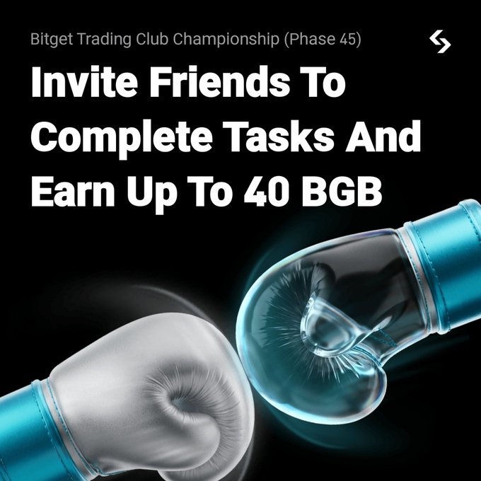 The image features two boxing gloves, one blue and one white, positioned side by side with a text overlay that reads "Invite friends to complete tasks and Earn Up to 40 BGB". The background of the image is black, which contrasts with the vibrant colors of the gloves.