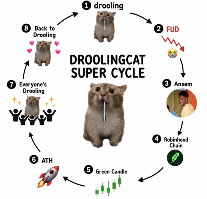 The image is a circular meme diagram titled "DROOLINGCAT SUPER CYCLE" depicting an eight-stage cycle: 1) Drooling, 2) FUD, 3) Ansem, 4) Robinhood Chain, 5) Green Candle, 6) ATH, 7) Everyone's Drooling, and 8) Back to Drooling, featuring a drooling cat and a crying emoji. The post indicates the $drooling token is currently near stage 5 (Green Candle), meaning the chart is showing upward momentum after the FUD/Ansem/Robinhood Chain selloff phase, heading toward new all-time highs.