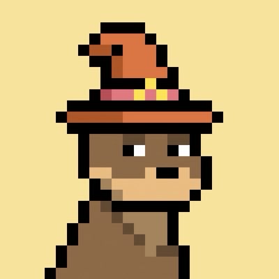 A pixel-art wizard character wearing a brown pointed hat with a pink band and yellow buckle stands against a pale yellow background, embodying the "Starter Wizard" theme as a humble yet symbolic figure representing the beginning of a magical journey. The simple, blocky design emphasizes accessibility and new beginnings rather than powerful, established magic.