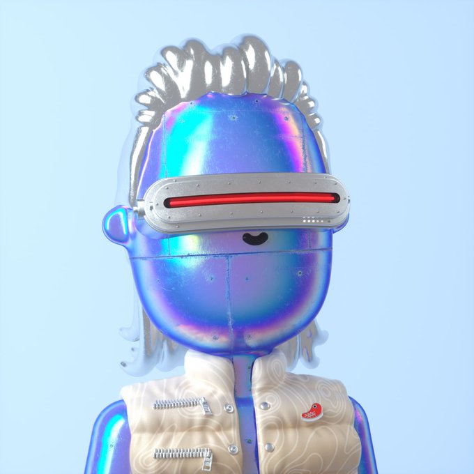 The image features a 3D rendering of a person wearing a futuristic outfit that includes a helmet with red lights and goggles. The person's face is partially obscured by the helmet, giving them an intriguing appearance. The background is a solid blue color, which contrasts nicely with the metallic sheen of the person's outfit. The caption below the image reads: "bought my first GVC NFT !" and "an NFT and a dream, right?".