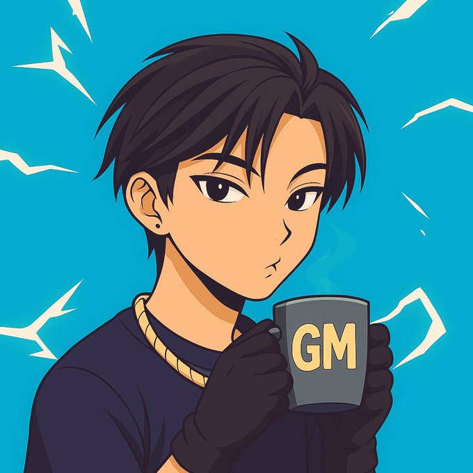 An anime-style character with dark hair sips from a black mug displaying "GM" (Good Morning), set against a bright blue background with jagged energy bursts. The image visually represents the "Good Morning" greeting in the post, pairing the casual salutation with an introduction about Vangrid's AI agent that gathers real-world physical data on demand.