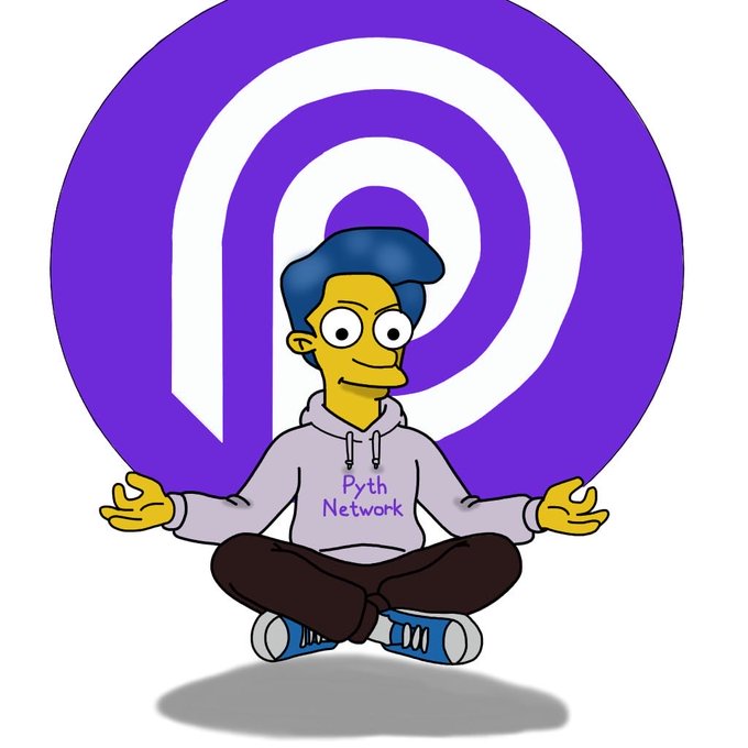A Simpsons-style cartoon character with blue hair meditating in a lotus position wearing a "Pyth Network" hoodie, set against a large purple Pyth Network spiral logo.