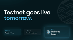 A dark promotional graphic with the text 'Testnet goes live tomorrow.' showing a timeline with Sep 22 'Testnet live', 4 weeks 'Public test run', and 'Mainnet launch'.