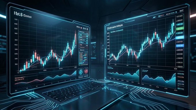 A futuristic financial trading setup displaying two large monitors with cryptocurrency candlestick charts and trend lines in glowing blue and red colors against a dark tech-themed background.