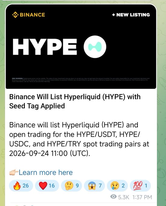 A Binance announcement card showing a '+ NEW LISTING' for HYPE (Hyperliquid) with a Seed Tag, stating trading will open for HYPE/USDT, HYPE/USDC, and HYPE/TRY pairs at 2026-09-24 11:00 UTC, with 5.3K views.