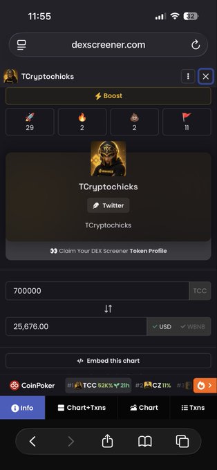 Mobile screenshot of dexscreener.com displaying the TCryptochicks (TCC) token profile with a price of 25,676.00 USD and Twitter link.