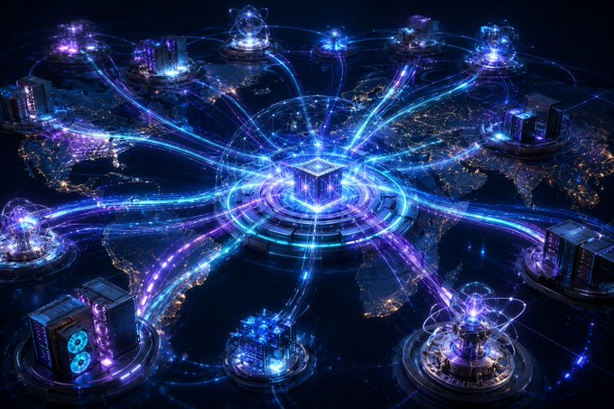 A futuristic digital illustration showing a glowing central processor or data hub connected by light streams to various server nodes and cityscapes around the world.