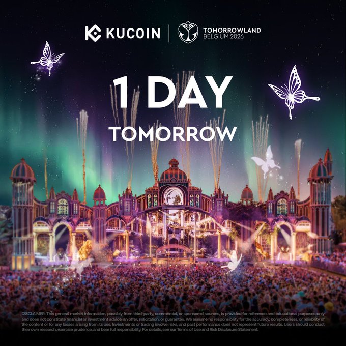 A promotional countdown graphic for "KuCoin x Tomorrowland Belgium 2026" featuring a vibrant festival stage with elaborate architecture, pyrotechnics, and a massive crowd beneath a night sky, with illuminated butterflies and text declaring "1 DAY TOMORROW" alongside the KuCoin and Tomorrowland Belgium 2026 logos.