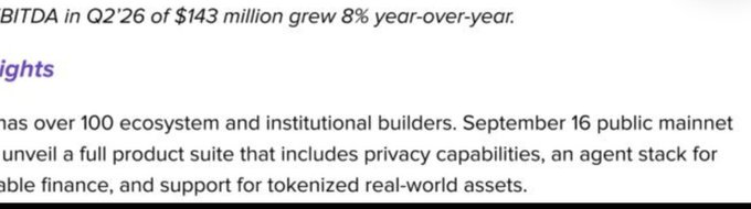 The image shows a snippet of an announcement stating "EBITDA in Q2'26 of $143 million grew 8% year-over-year," with partial text mentioning "over 100 ecosystem and institutional builders" and a "September 16 public mainnet" launch featuring "privacy capabilities, an agent stack for [stabl]e finance, and support for tokenized real-world assets." This relates to the post about Arc's public mainnet going live on September 16th, confirming the date and highlighting the platform's focus on privacy, stable finance, and tokenized real-world assets.