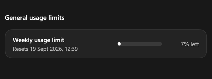 A screenshot showing 'General usage limits' with a 'Weekly usage limit' reset date of 19 Sept 2026, 12:39, and '7% left' remaining.
