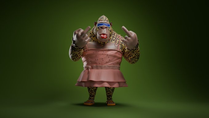 A 3D-rendered anthropomorphic character with leopard-print skin, a pink dress, and blue visor sunglasses poses with hand gestures against a green background.