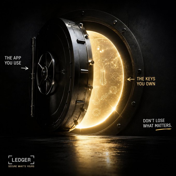 Ledger advertisement featuring a glowing golden vault/safe with text 'THE APP YOU USE', 'THE KEYS YOU OWN', and 'DON'T LOSE WHAT MATTERS' alongside the Ledger logo.