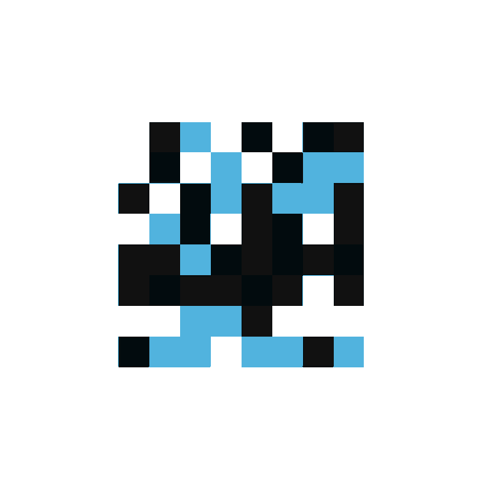 An abstract pixel art design featuring a chaotic arrangement of black, white, and light blue squares.