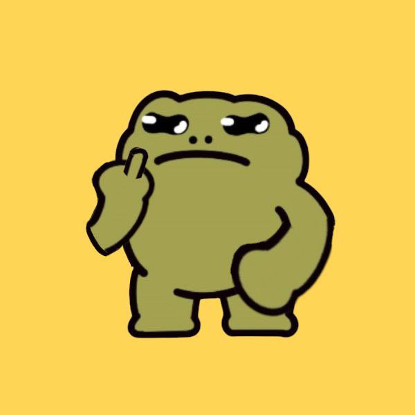 An illustrated grumpy green blob-like creature stands on a yellow background, giving the middle finger with an angry expression.
