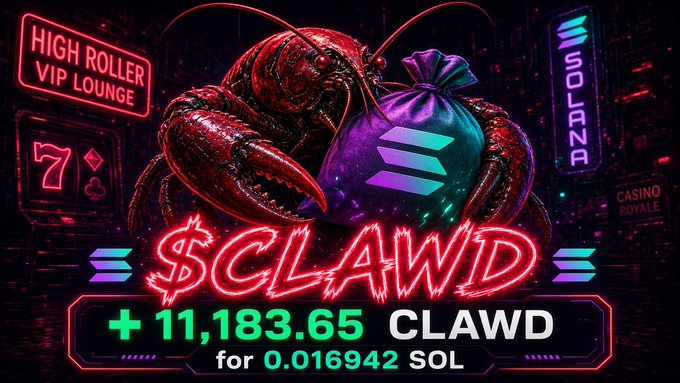 A neon-styled graphic featuring a lobster holding a money bag with the Solana logo, promoting '$CLAWID' with '+11,183.65 CLAWD for 0.016942 SOL'.