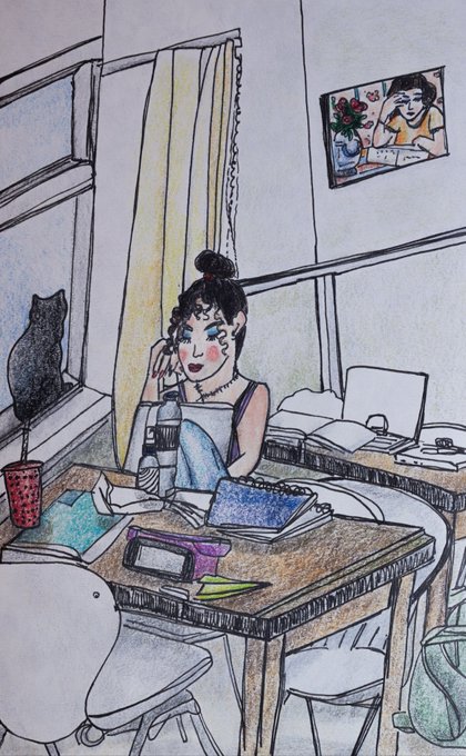 A hand-drawn watercolor and ink illustration of a young woman sitting at a desk, talking on a phone with books, a laptop, and a cat visible in the scene.