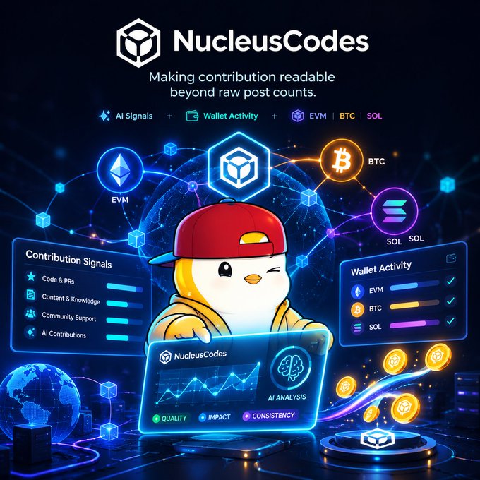 A promotional graphic for 'NucleusCodes' with the tagline 'Making contribution readable beyond raw post counts,' featuring an animated bird mascot with a red cap analyzing crypto contributions across EVM, BTC, and SOL networks.