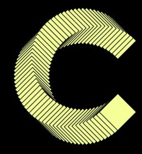 A stylized graphic of the letter 'C' rendered with a pattern of thin, parallel yellow diagonal lines on a black background.