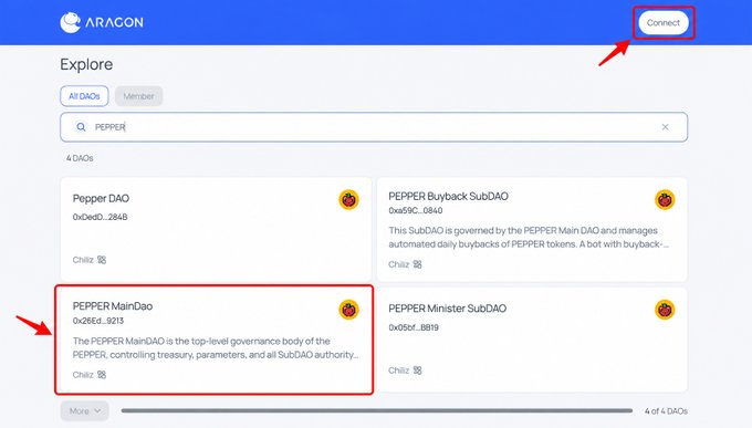 A screenshot of the Aragon Explorer showing search results for "PEPPER" with the PEPPER MainDao (0x26Ed...9213) highlighted by red arrows, indicating users should select this option and click the "Connect" button in the top right to begin linking their wallet for voting in the Pepper Parliament.