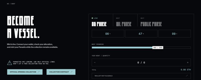 A dark-themed NFT minting website with the heading 'BECOME A VESSEL' invites users to connect their wallet, displaying three minting tiers ('ON PHASE', 'OIL PHASE', 'PUBLIC PHASE') with corresponding counts of 88, 47, and 88, along with buttons for 'OFFICIAL OPENSEA COLLECTION' and 'COLLECTION CONTRACT'.