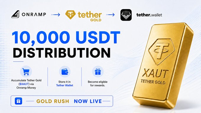 The image promotes a "10,000 USDT DISTRIBUTION" Gold Rush campaign, featuring the Onramp, Tether Gold, and tether.wallet logos alongside a gold XAUT bar. It outlines three steps—accumulate Tether Gold ($XAUT) via Onramp Money, store it in Tether Wallet, and become eligible for rewards—reinforcing the post's call to action for users to participate in the distribution at onramp.money/gold-rush/.