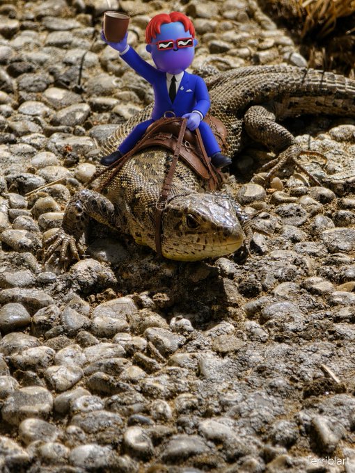 A whimsical digital artwork showing a small cartoon figure in a blue suit riding a large lizard, holding up a coffee cup, with the watermark 'teriblart' in the corner.