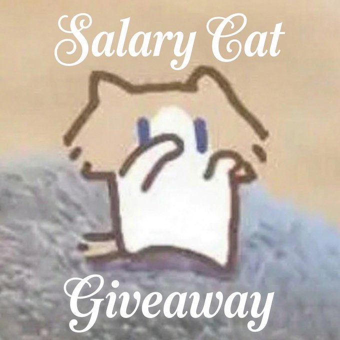A cute cartoon white cat with closed, tearful eyes sits against a soft blue and beige background, with "Salary Cat" written in elegant white script at the top and "Giveaway" displayed at the bottom. The image serves as a promotional graphic for the $SalaryCat token giveaway, advertising a $200 prize to one holder who follows and retweets as instructed.