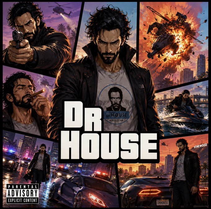 A stylized 'Parental Advisory Explicit Content' cover art featuring a bearded man in a leather jacket in various action poses with the text 'DR HOUSE' and 'OF HOUSE ABUSSIN'.