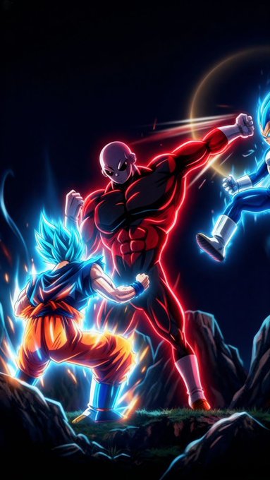A digital artwork depicting three anime-style fighters in dynamic combat poses, with one character glowing red and another surrounded by blue energy aura.