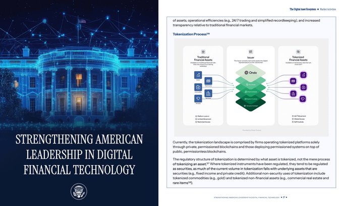 A document titled 'STRENGTHENING AMERICAN LEADERSHIP IN DIGITAL FINANCIAL TECHNOLOGY' showing a White House image and tokenization process diagrams.