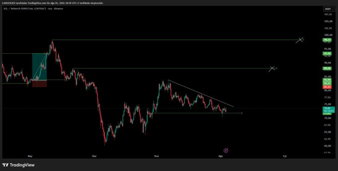 A TradingView chart shows SOL/USDT on Binance with horizontal resistance levels marked around $90 and $95, and a descending trendline indicating a potential bearish pattern on the daily timeframe. The chart displays price action declining from the highlighted resistance zone near $95, with the current price consolidating around $83-$84.