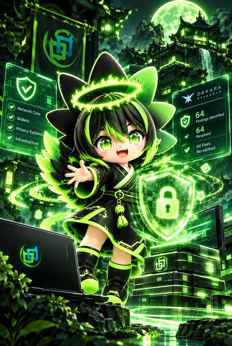An anime-style chibi character with green glowing hair and a halo stands in front of a green-themed cybersecurity interface labeled 'DAKARA SECURITY' showing '64 Findings Identified' and a checklist for Network Core, Wallets, Privacy Systems, and Infrastructure.