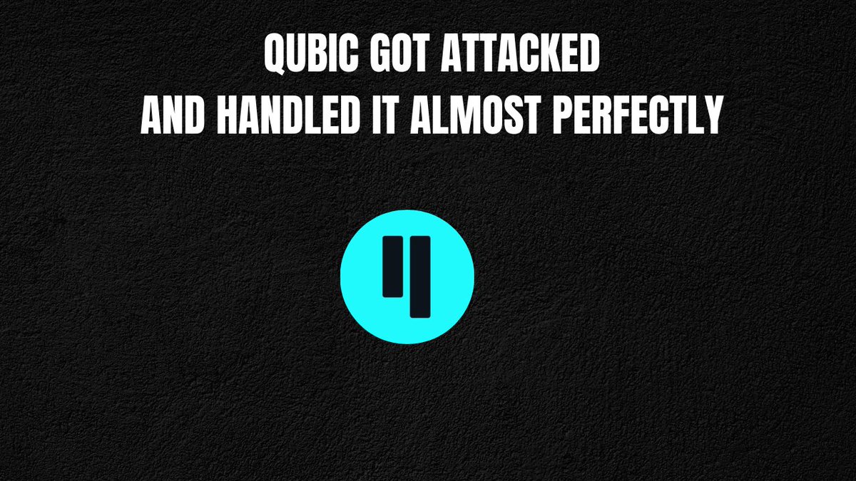 The image displays bold white text on a black textured background reading "QUBIC GOT ATTACKED AND HANDLED IT ALMOST PERFECTLY," with Qubic's teal logo centered below. This visually reinforces the post's message that Qubic successfully contained a recent security breach—where an attacker gained admin access through a leaked key and compromised a Docker image and web wallet—without any funds being stolen.
