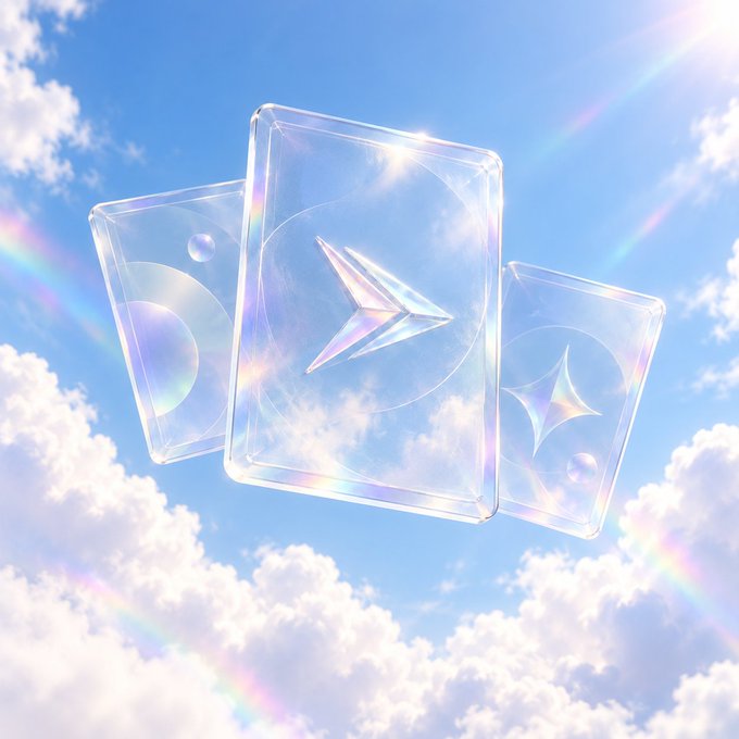 Three transparent, holographic playing cards float against a dreamy sky of clouds and rainbows, each displaying a glowing symbol: a moon, an arrow/chevron, and a star.