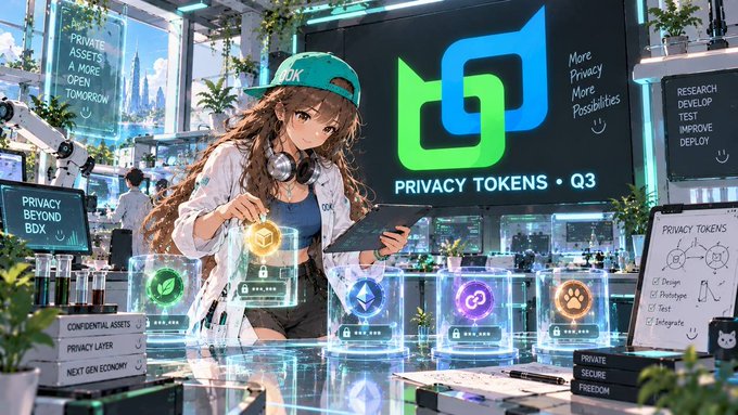 An anime-style illustration of a girl in a lab coat with headphones around her neck working in a futuristic lab setting, with the text 'PRIVACY TOKENS • Q3' displayed prominently on a screen behind her.