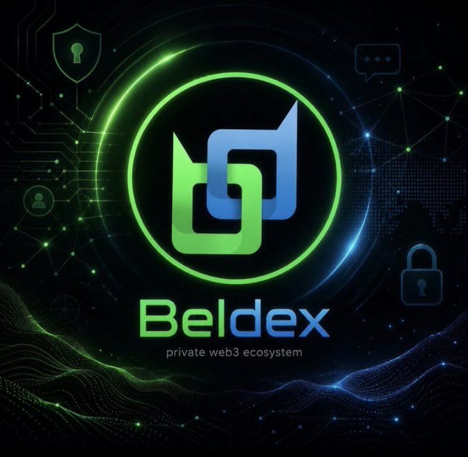 A promotional graphic for 'Beldex' featuring a green and blue interlocking logo and the tagline 'private web3 ecosystem' against a dark tech-themed background with lock and shield icons.
