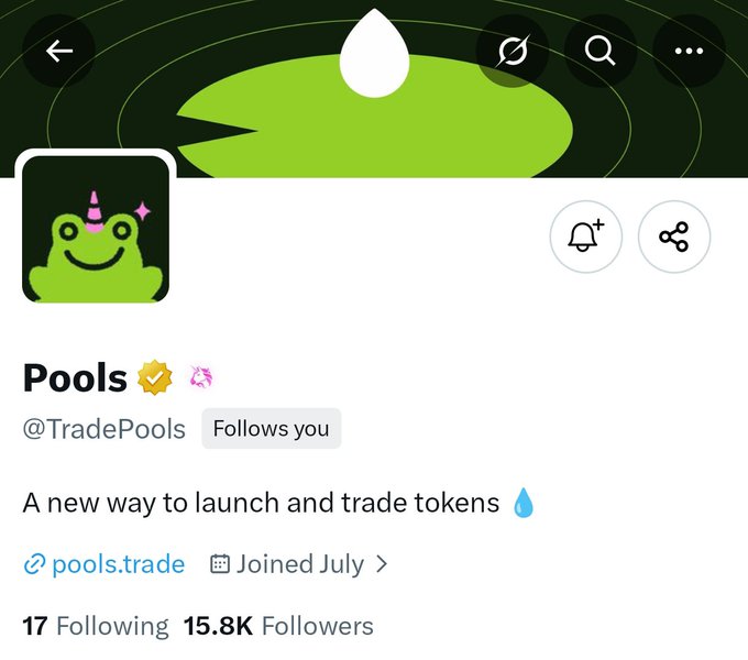 A screenshot of a Twitter/X profile for "Pools" (@TradePools), a verified account with 15.8K followers describing itself as "A new way to launch and trade tokens," paired with a post about "gPools." The profile features a green frog mascot with a unicorn horn, fitting the playful crypto token launch platform branding.