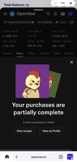 A mobile screenshot of OpenSea showing a partially complete purchase notification of 2 items (1 successful, 1 failed) from the @_HenHouseNFT collection, with visible stats including a 0.0208 ETH floor price and +15.5% 24h change, capturing a recent NFT acquisition from the Henhouse project mentioned in the post.