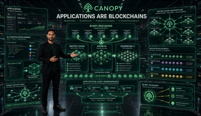 A man in a black suit gestures toward a futuristic green-lit display titled "CANOPY: APPLICATIONS ARE BLOCKCHAINS," featuring diagrams of nested chain architecture, $CNPY restaking, sovereign LTs, AI-assisted development, and application logic independence. The visual reinforces the post's message that Canopy ($CNPY Network) reimagines Web3 by enabling applications to function as blockchains, showcasing technical pillars like nested chains, decentralized block space, and blockchain infrastructure for developers.