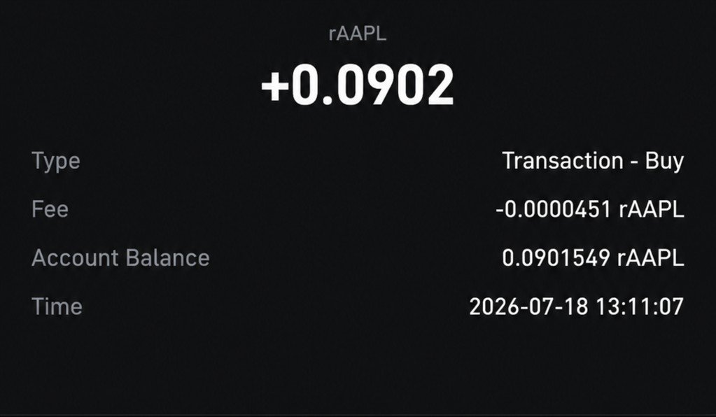 A dark-themed screenshot displays a crypto transaction receipt showing a buy of +0.0902 rAAPL, with a fee of -0.0000451 rAAPL and an account balance of 0.0901549 rAAPL at 2026-07-18 13:11:07, reflecting the post's journey into crypto that began with simple taps on Telegram and has evolved into real blockchain transactions.