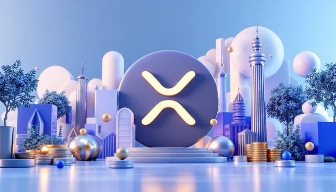 3D-rendered scene featuring the XRP logo prominently displayed among blue-toned city buildings, gold coins, and metallic spheres.
