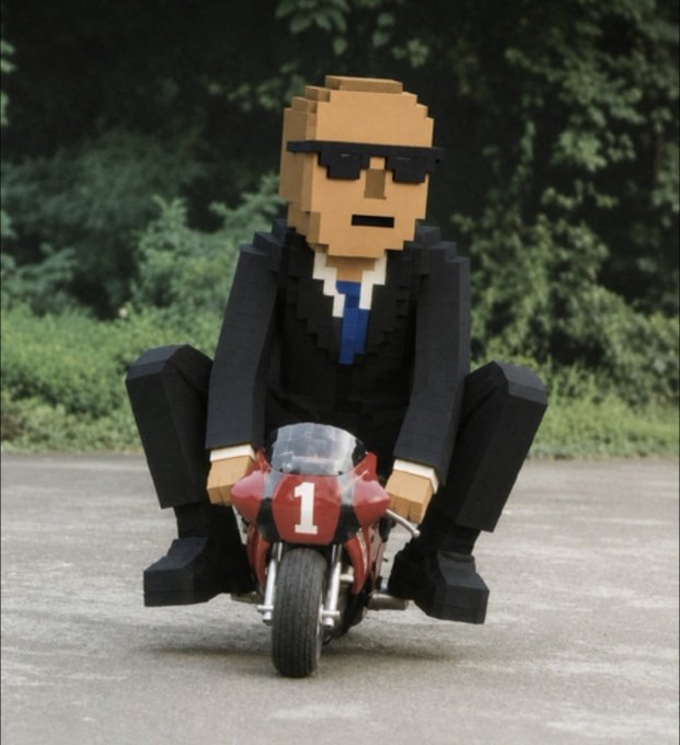 A blocky, pixelated figure in a black suit and sunglasses rides a miniature red motorcycle marked with the number "1," embodying the "Move fast. Stay dangerous. Clock in." vibe with a blend of quirky style and high-speed energy.