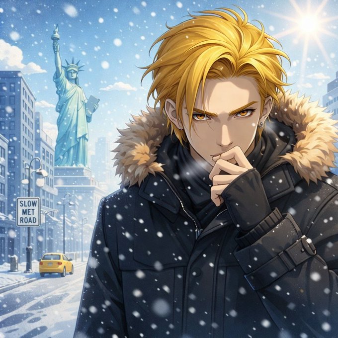 The image features a man wearing a black jacket with fur trim, standing in front of a snowy city street scene. The man has blonde hair and is looking directly at the camera while posing for the photo. In the background, there are tall buildings that appear to be covered in snow, creating an urban winter atmosphere. A yellow taxi can also be seen on the street.