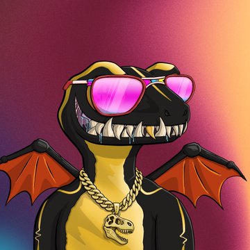 A stylized cartoon illustration of a black dinosaur/T-rex wearing pink reflective sunglasses, a gold chain with a skull pendant, and small red wings, set against a purple and orange gradient background.