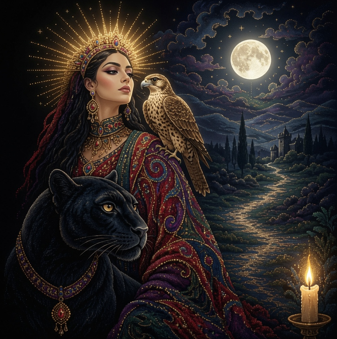 An ornate, richly colored fantasy artwork depicting a crowned woman in jeweled robes with a black panther and falcon, set against a moonlit night landscape with a lit candle in the foreground.