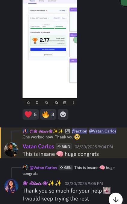 A screenshot of a leaderboard showing the user "Kelp On the ChainSaw" ranked #1 on the Rally On Chain top 10 list with a 2.77 evaluation score for completing the challenge, accompanied by a Discord conversation where Vatan Carlos congratulates Elvin and she thanks them for their help with content creation. The image illustrates the post's theme of overcoming submission challenges and celebrating an alpha moment during Rally's early invitation-only stage.